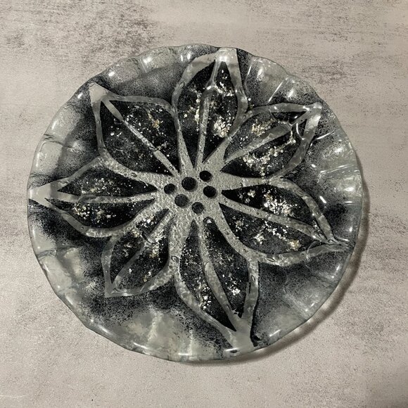 Studio Art Glass Fused Glass Black Gold Metallic Flake Floral 8.5" Ribbed Plate - Picture 1 of 4
